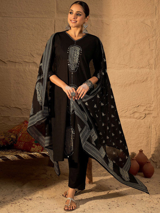 Indo Era Women Printed Pure Cotton Kurta with Trousers & Dupatta