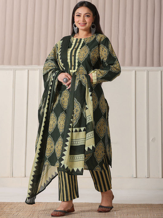 Yufta Plus Size Ethnic Motifs Printed Pure Cotton Straight Kurta With Trousers & Dupatta