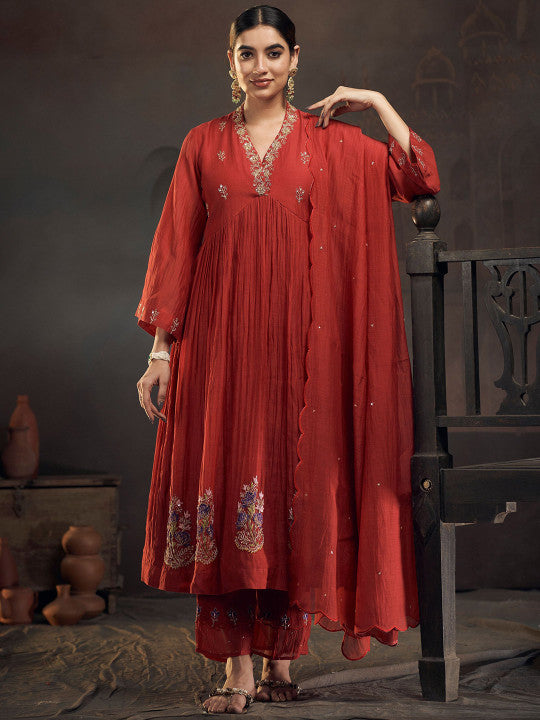 HIRIKA&DHRUTI Women Embroidered Chanderi Silk Kurta with Harem Pants & With Dupatta