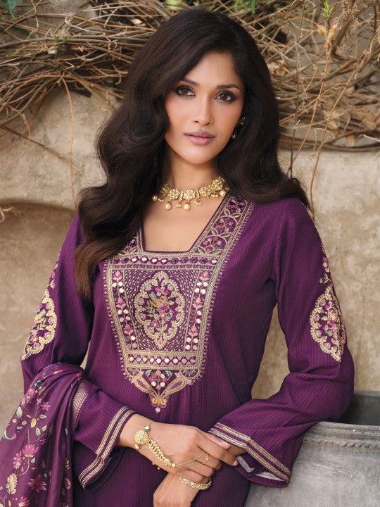 AUTUMN LANE Falaknama Orchid Floral Yoke Design Pure Cotton Kurta With Trousers & Dupatta