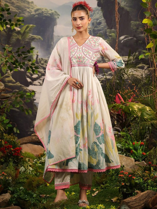 AARAAS Women Ethnic Motifs Embroidered Pure Cotton Kurta with Palazzos & Dupatta