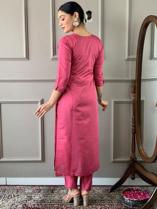 Ishin V-Neck Floral Yoke Design Sequinned Straight Kurta with Trouser & Dupatta