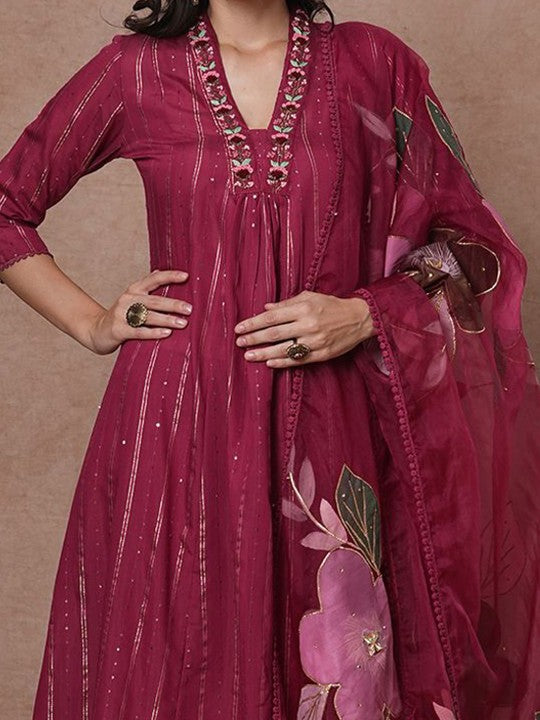 FASHOR Floral Embroidered Panelled Pure Cotton Kurta with Trousers & Dupatta