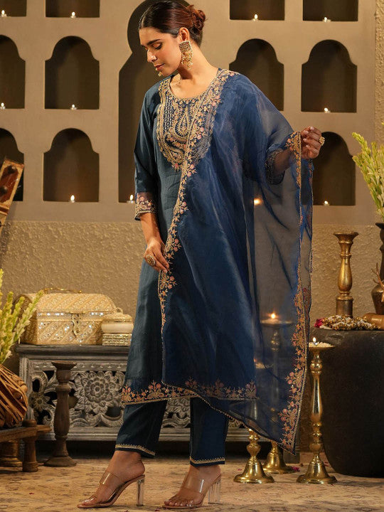 Indo Era Women Embroidered Regular Kurta with Trousers & Dupatta
