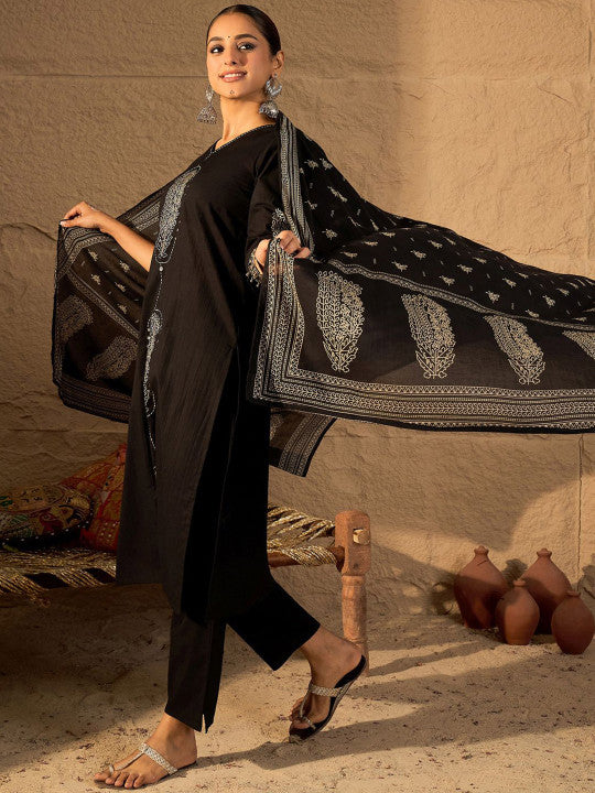 Indo Era Women Printed Pure Cotton Kurta with Trousers & Dupatta