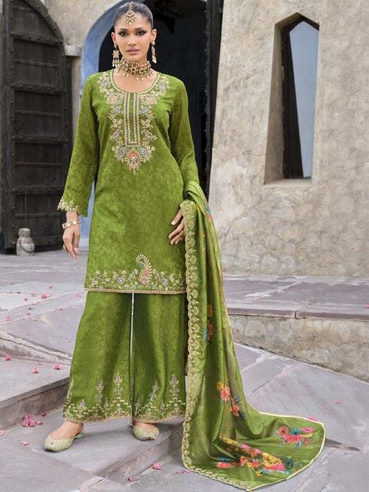 AUTUMN LANE Women Ethnic Motifs Embroidered Pure Cotton Kurta with Palazzos & Dupatta