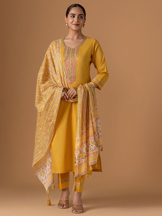 WOMEN PLUS Ethnic Motifs Embroidered Pure Cotton Straight Kurta with Trousers & Dupatta