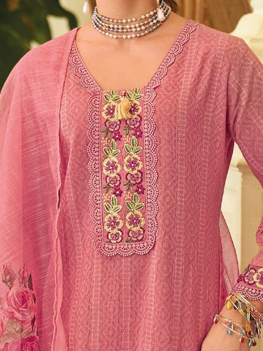 Varanga Geometric Printed Square Neck Thread Work Pure Cotton Kurta With Trouser & Dupatta