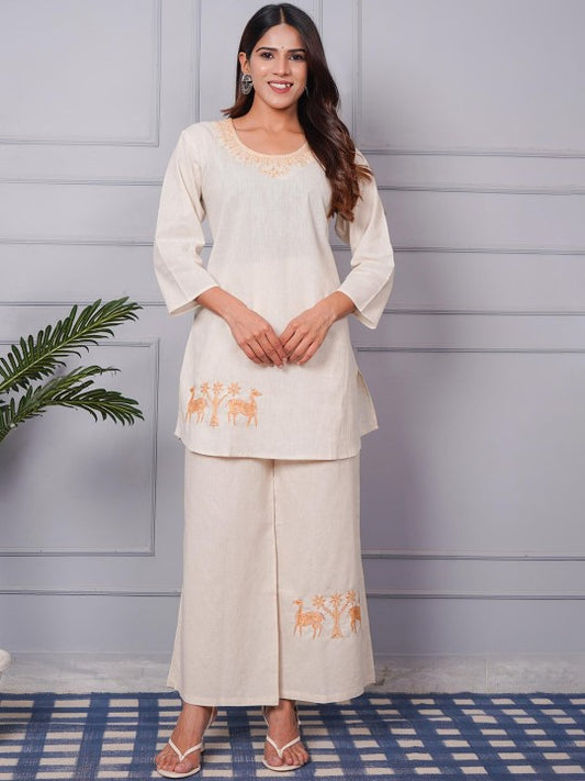 TULSILICIOUS Embroidered Round Neck Organic Cotton Tunic With Palazzos