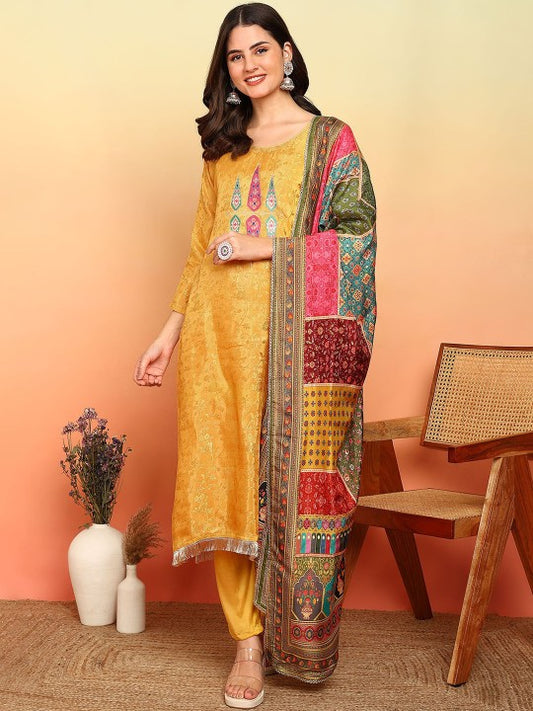 Floral Woven Design Round Neck Tissue Straight Kurta