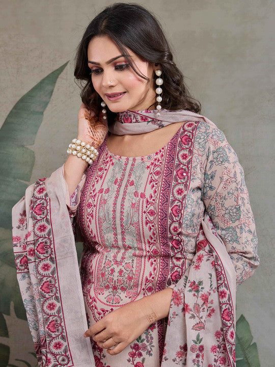 IOLY Women Floral Embroidered Regular Beads and Stones Pure Cotton Kurta with Pyjamas & With Dupatta