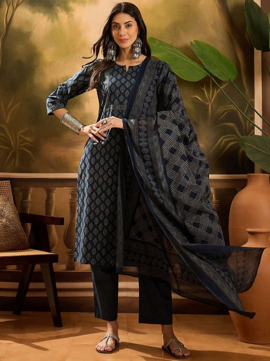 Floral Printed Pure Cotton Straight Kurta With Trousers & Dupatta