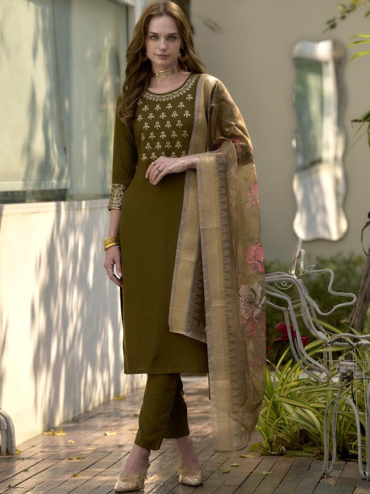 ZIRVI Women Yoke Design Regular Kurta with Trousers & With Dupatta