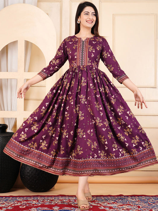 ZELA Floral Printed Notch Neck Anarkali Ethnic Dress