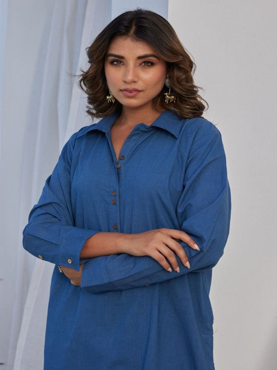 TARA-C-TARA Women Shirt Collar Pure Cotton Tunic With Palazzo Co-Ords