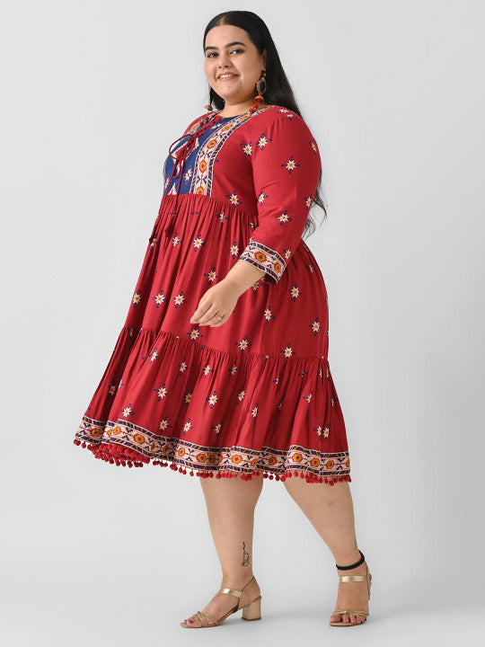 Plus Size Ethnic Motifs Fit & Flare Midi Ethnic Dress