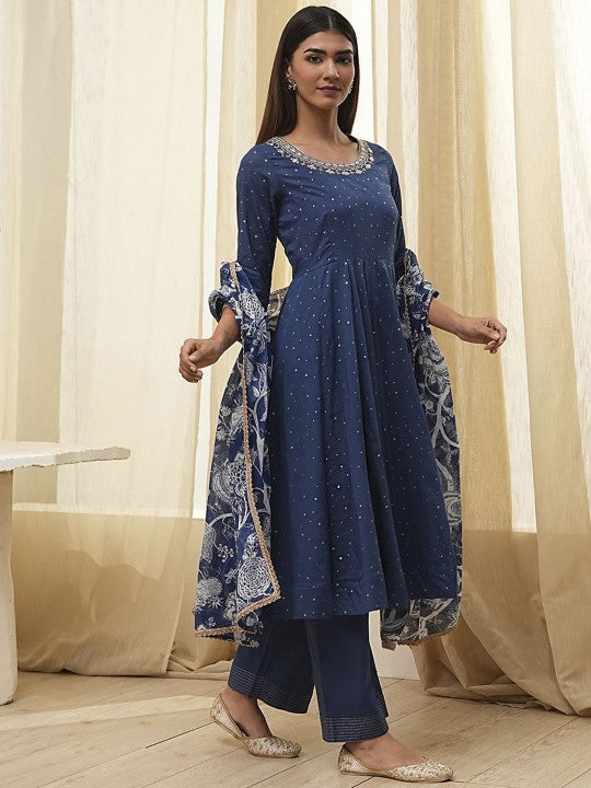 Biba Floral Embroidered Pure Cotton Anarkali Kurta With Palazzos And Dupatta