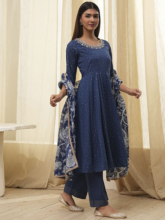 Biba Floral Embroidered Pure Cotton Anarkali Kurta With Palazzos And Dupatta