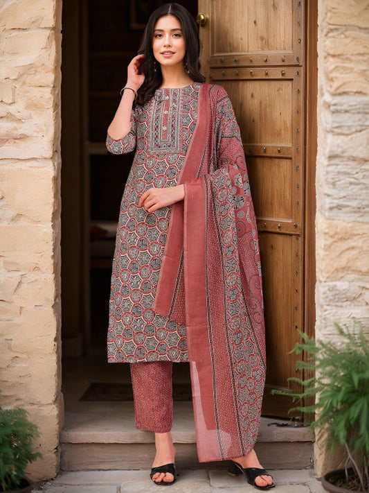Banwaree Ethnic Motifs Printed Thread Work Straight Kurta With Trousers & Dupatta