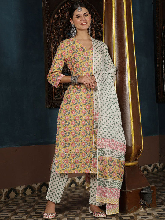 Taavi Women Hand Block Print V-Neck Pure Cotton Straight Kurta & Trouser With Dupatta