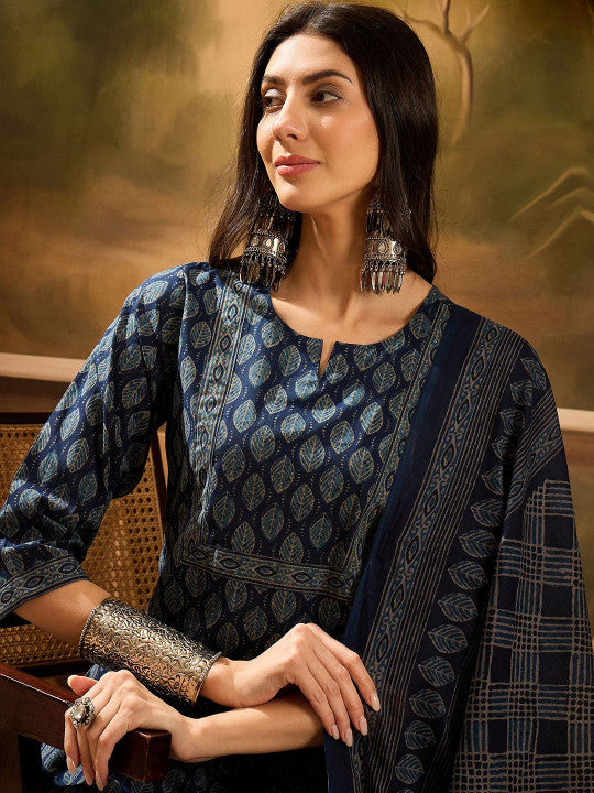 Floral Printed Pure Cotton Straight Kurta With Trousers & Dupatta