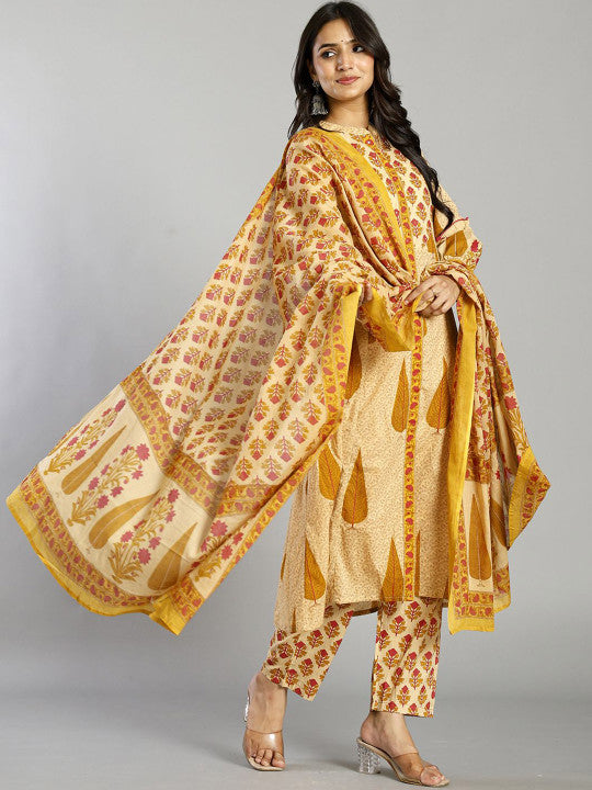 Yufta Women Ethnic Motifs Printed Regular Pure Cotton Kurta with Trousers & Dupatta