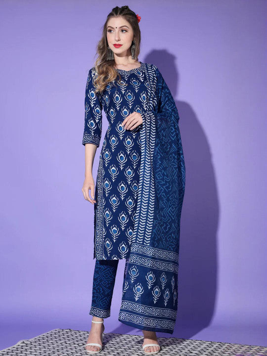 Ethnic basket Women Blue Cotton Blend Kurta Sets With Dupatta