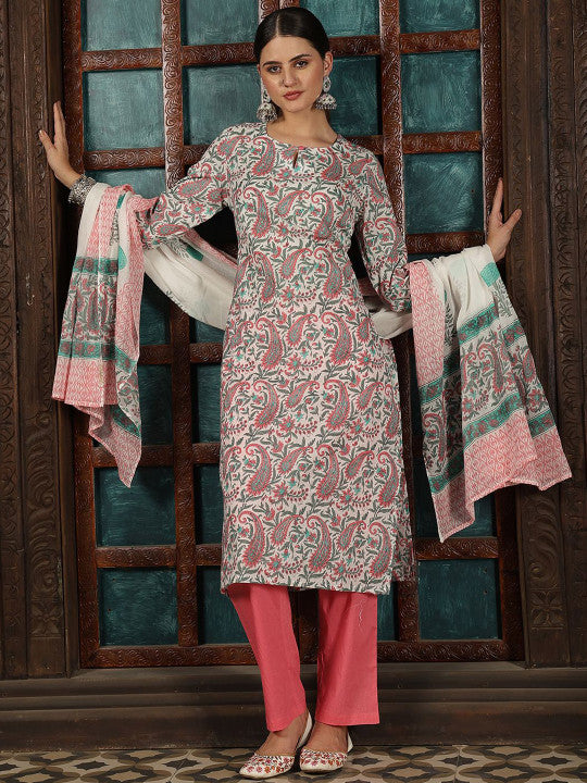 Taavi Floral Hand Block Printed Pure Cotton Straight Kurta With Trousers & Dupatta