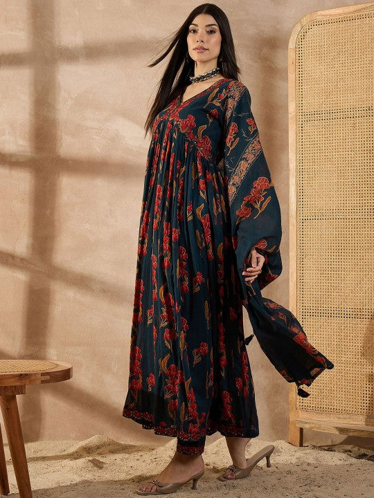 all about you Women Floral Printed Anarkali Kurta with Trousers & Dupatta