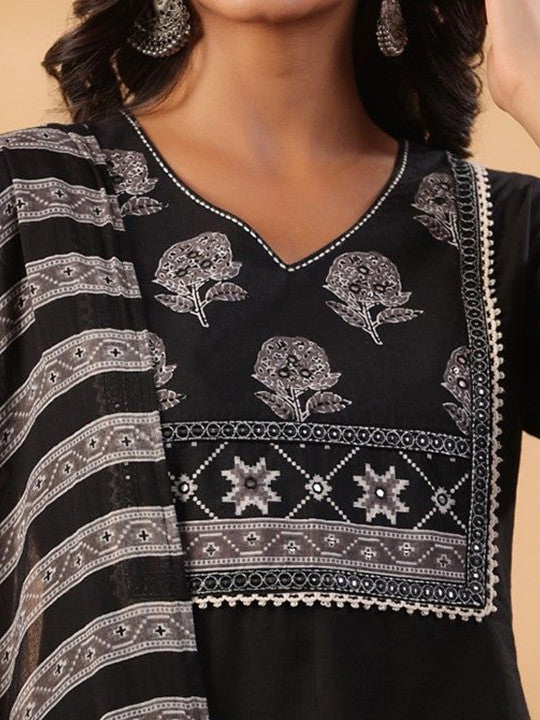 AUTUMN LANE Sarla Onyx Floral Printed Gotta Patti Pure Cotton Kurta With Palazzo & Dupatta