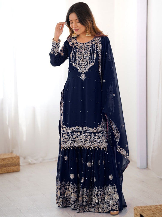 Fusionic Women Ethnic Motifs Embroidered Beads and Stones Kurta with Sharara & Dupatta