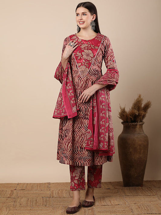 FASHOR Chevron Printed Panelled Pure Cotton A-Line Kurta With Trousers & Dupatta