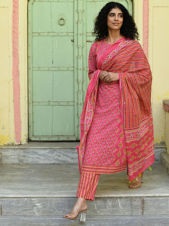 Floral Printed Pure Cotton Straight Kurta With Palazzos & Dupatta
