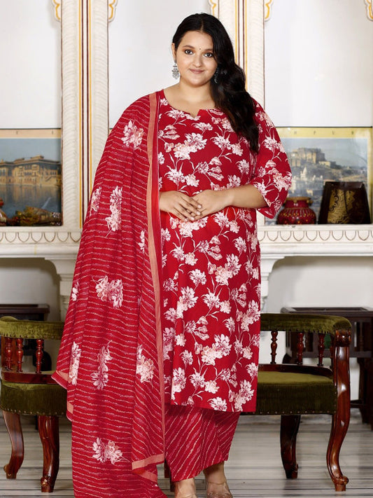 Swasti Plus Size Floral Printed Regular Pure Cotton Kurta With Trousers & Dupatta