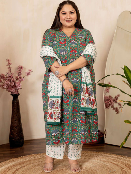 Floral Printed V-Neck Pure Cotton Kurta With Trousers And Dupatta