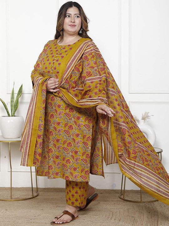 Swasti Women Floral Printed Regular Sequinned Pure Cotton Kurta with Trousers & With Dupatta