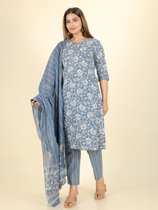 Aramya Floral Printed Notch Neck Pure Cotton A-Line Kurta With Trousers  & Dupatta