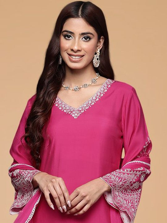 House of Pataudi Floral Yoke Design Sequnnied Straight Kurta