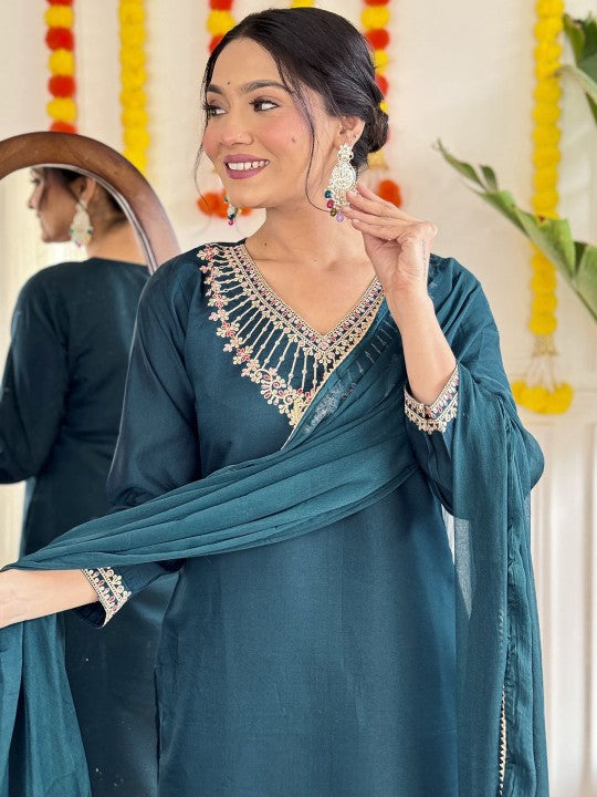 Floral Yoke Design Zari Straight Kurta With Trousers And Dupatta