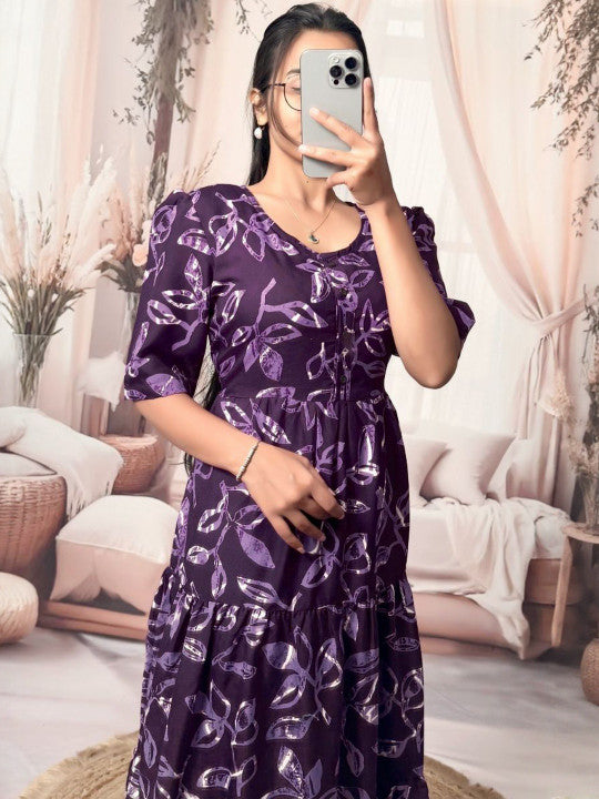 VenderVilla Floral Print Puff Sleeve Tiered Cotton Fit & Flare Midi Dress