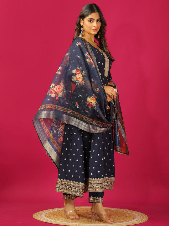 Floral Embroidered Pure Silk Anarkali Kurta With Trouser & Dupatta