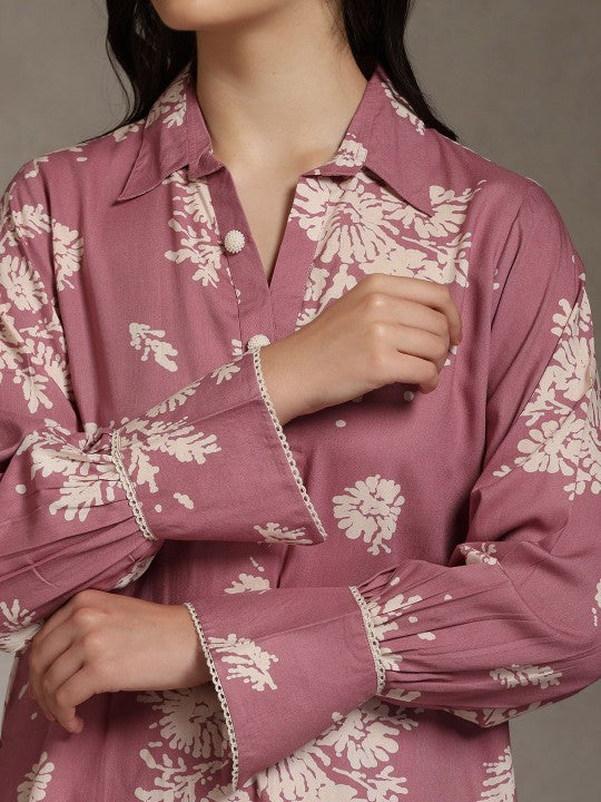 Floral Printed Shirt Collar Tunic With Palazzo Co-Ords