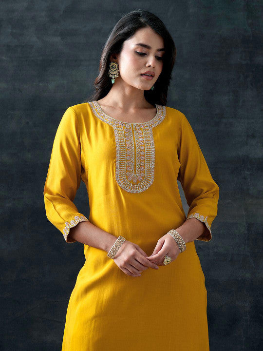 Gerua By Libas Women Floral Yoke Design Sequinned Kurta with Trousers & With Dupatta