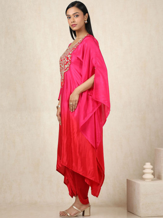 Floral Yoke Design Sequinned Silk Crepe Kaftan Kurta With Trouser