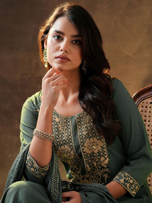 Gerua By Libas Floral Embroidered Thread Work Straight Kurta With Trousers & Dupatta