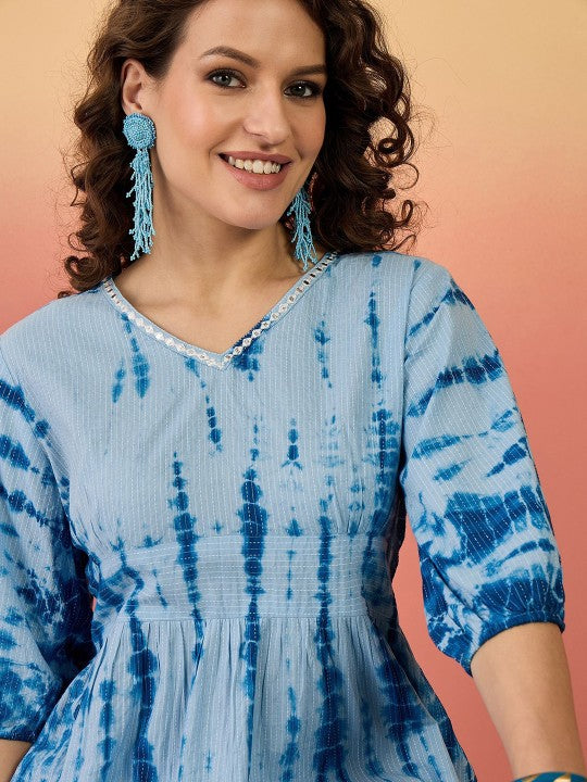 Printed Kantha Work V-Neck Puff Sleeves Pure Cotton Top & Trouser