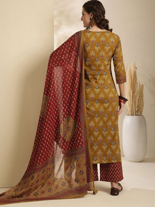 Floral Printed Pure Cotton Straight Kurta & Trousers With Dupatta