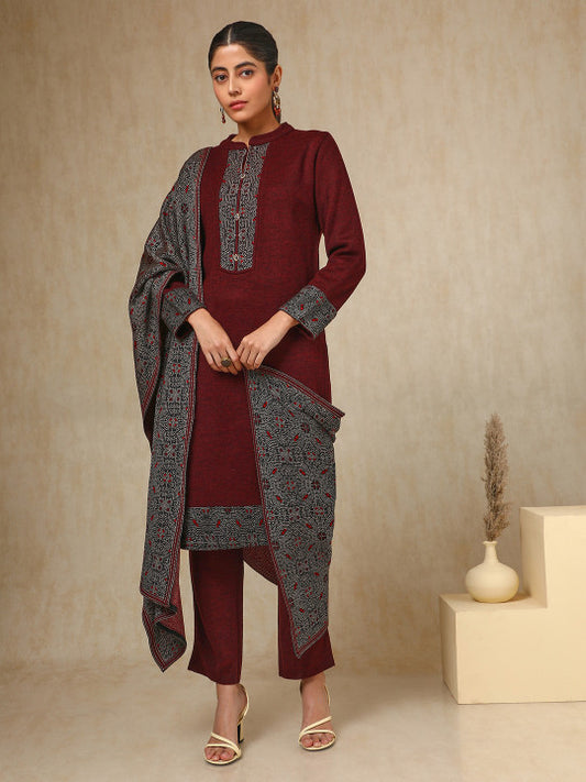 Floral Woven Design Acrylic Straight Kurta With Trouser & Dupatta
