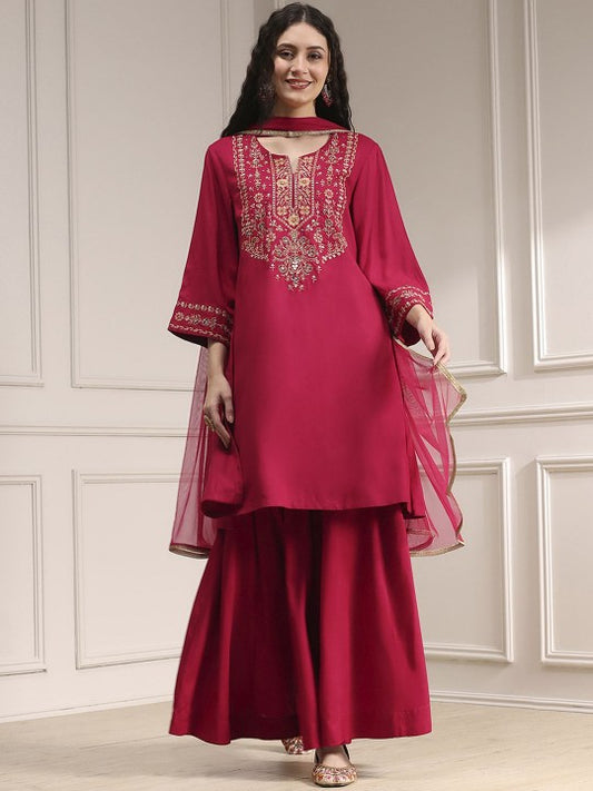 Biba Ethnic Motifs Yoke Design Notch Neck Straight Kurta With Sharara & Dupatta