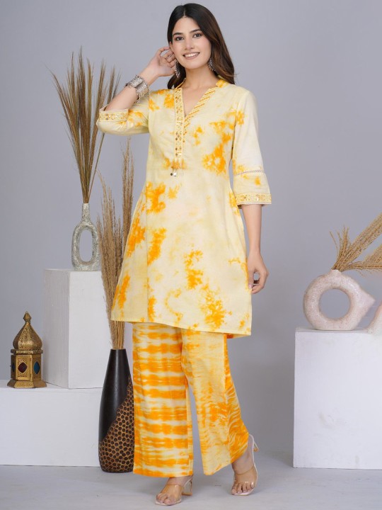 AUTUMN LANE Tie And Dyed V-Neck Pure Cotton Tunic With Trousers